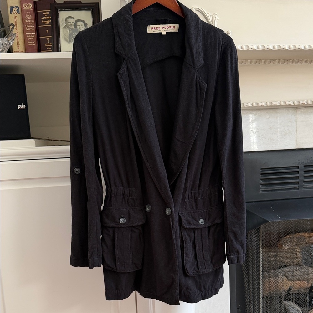 Free People Charly Black Linen Utility Blazer Medium Dark Academia Gorpcore